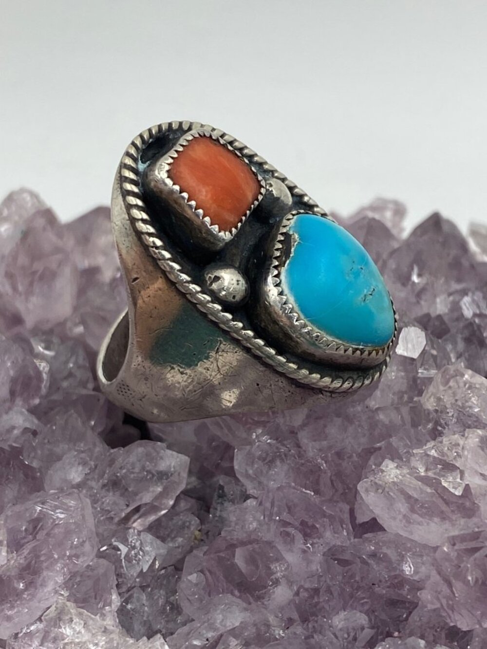 Vintage Sterling Silver Navajo Turquoise and Cora…
